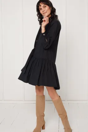 EVA tencel shirt dress with double front frill in black