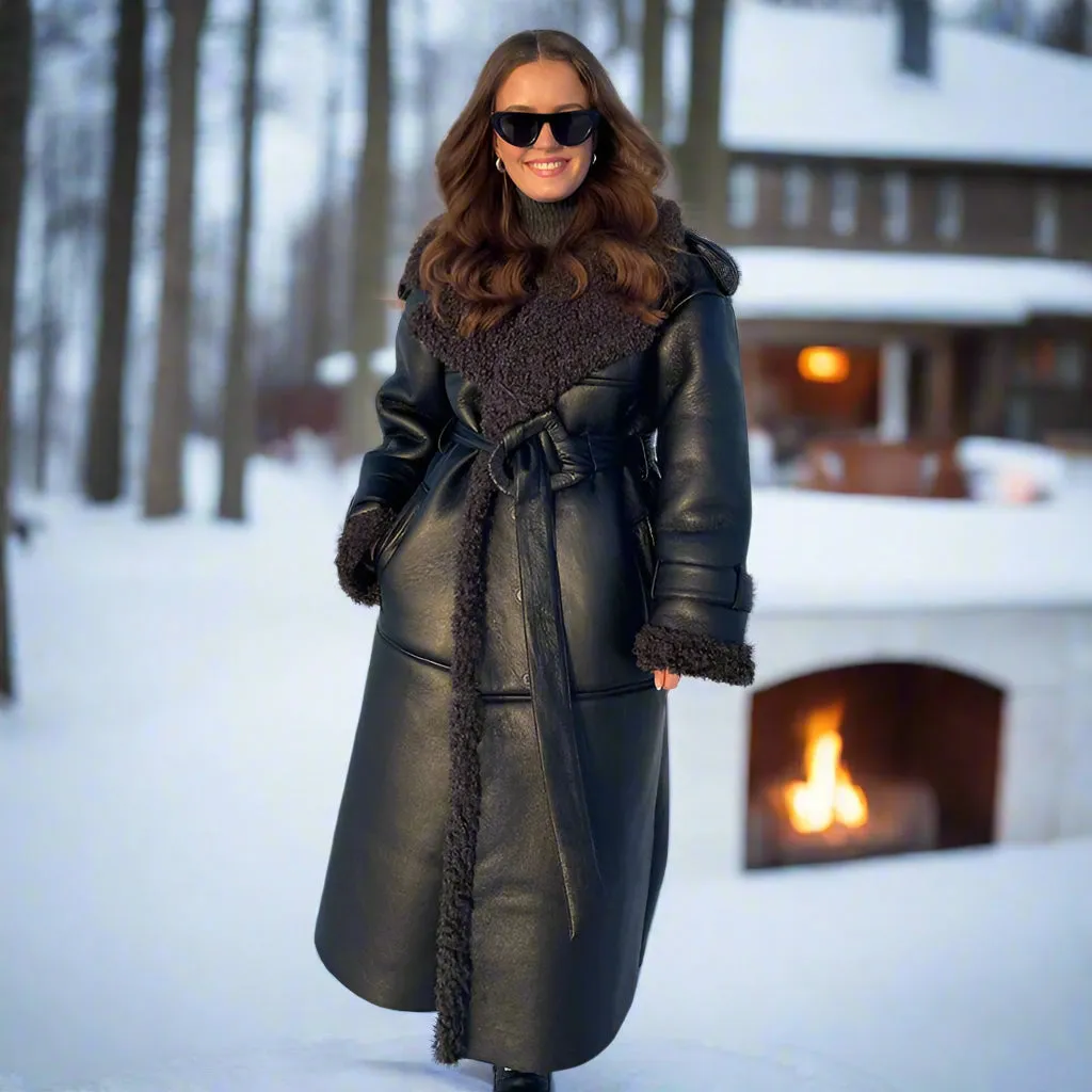 Faux Fur Vegan Leather Thick Warm Coat & Jacket