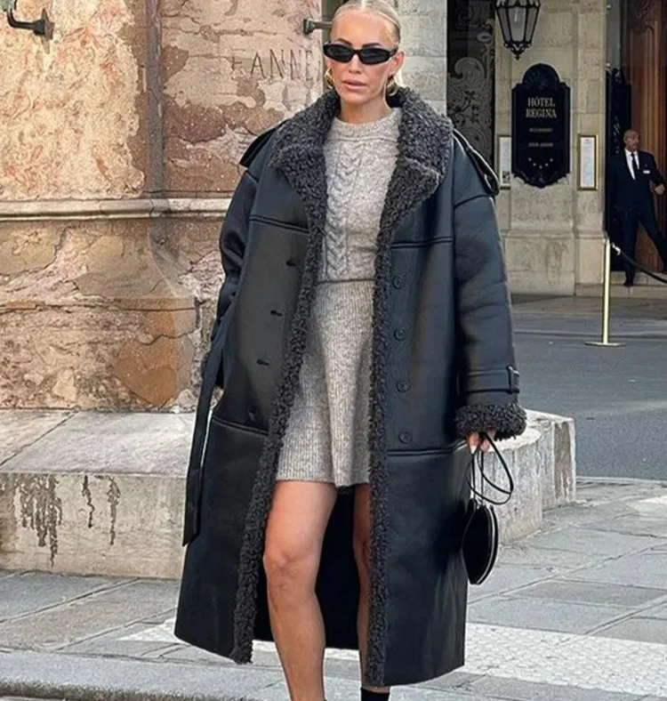 Faux Fur Vegan Leather Thick Warm Coat & Jacket