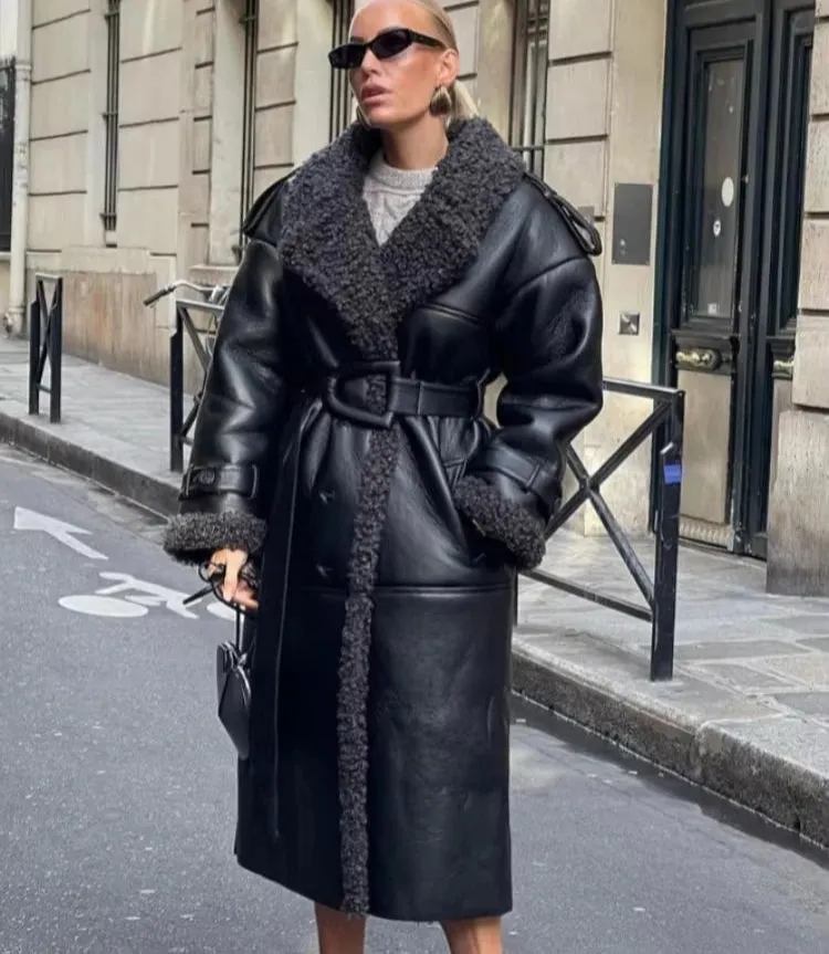 Faux Fur Vegan Leather Thick Warm Coat & Jacket