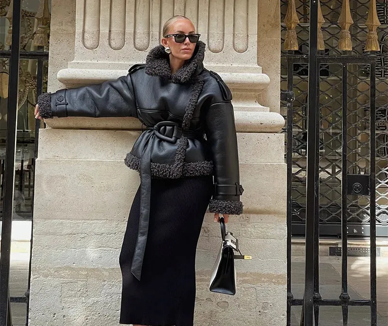 Faux Fur Vegan Leather Thick Warm Coat & Jacket