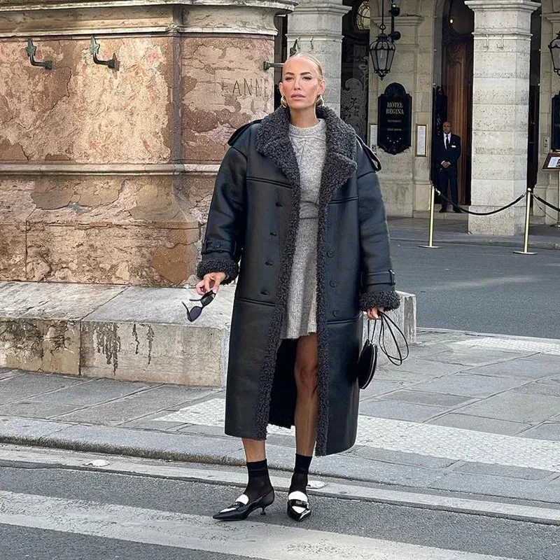 Faux Fur Vegan Leather Thick Warm Coat & Jacket