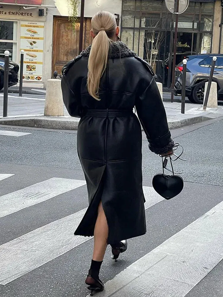 Faux Fur Vegan Leather Thick Warm Coat & Jacket