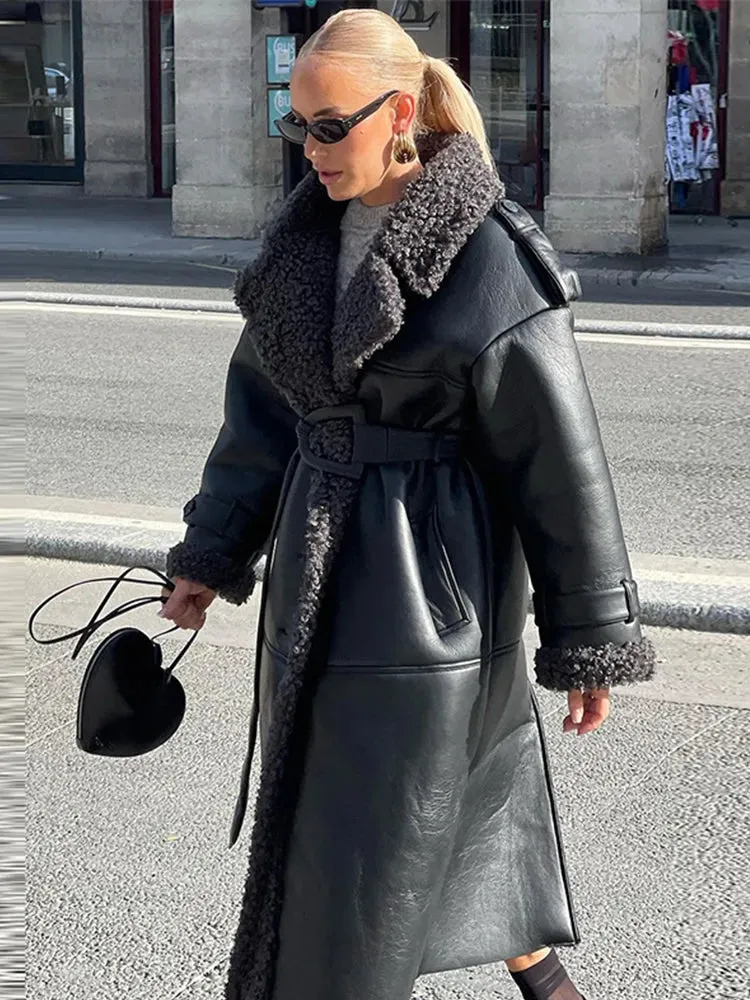 Faux Fur Vegan Leather Thick Warm Coat & Jacket