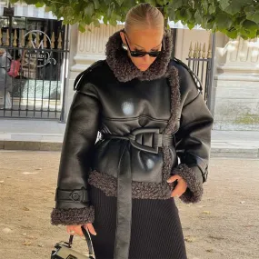 Faux Fur Vegan Leather Thick Warm Coat & Jacket