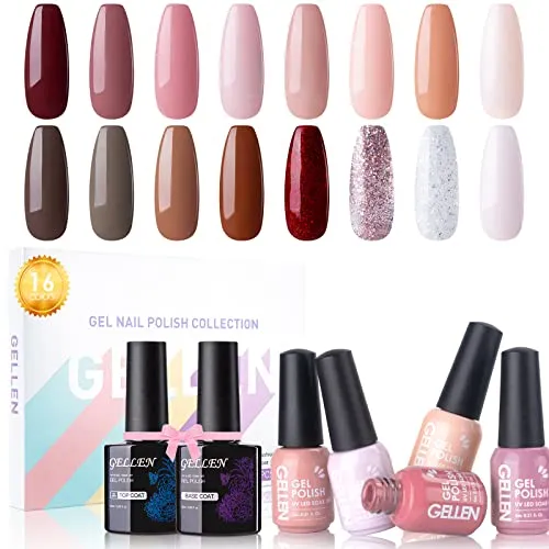 Gel Nail Polish Kit - Gellen 16 Colors Gel Polish Series, With Top&Base Coats, Warm Earth Tones Classic Brown/Nude/Red/Pins Fall Winter Home Gel Manicure Kit
