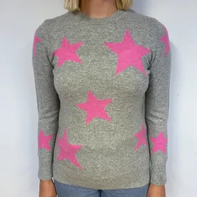 Grey Pink Star Cashmere Crew Neck Jumper Small