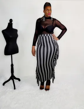 Grey/Black Stripe Maxi Fringe Skirt