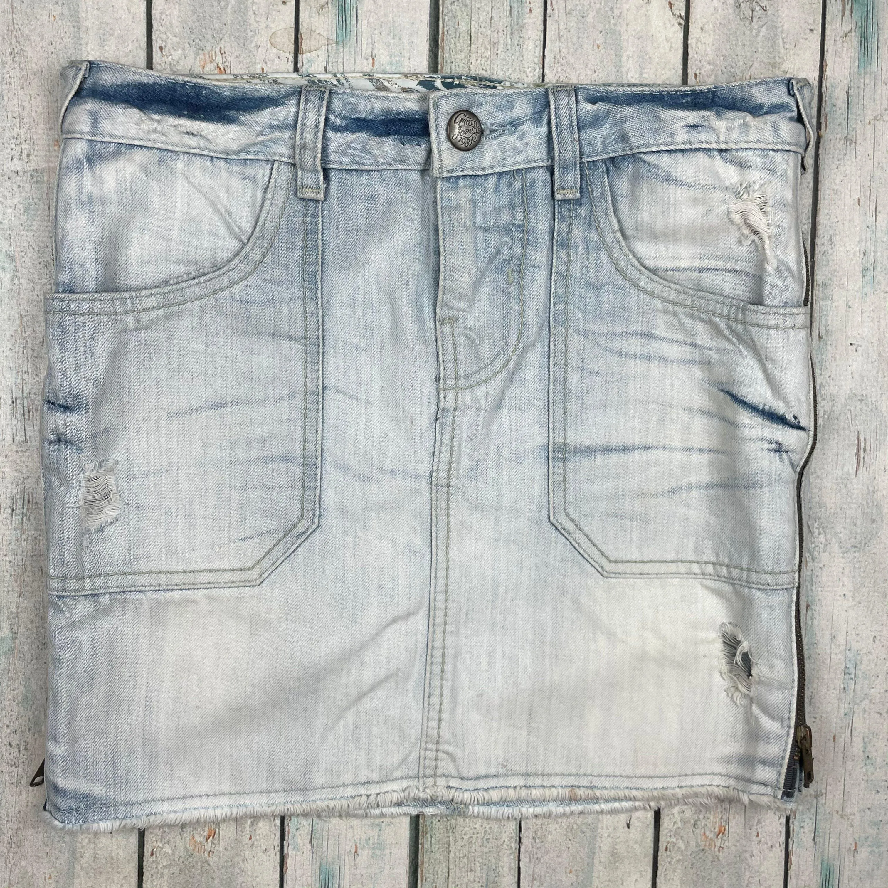 Guess Jeans Zip Side Distressed Denim Skirt - Size 27 or 9AU