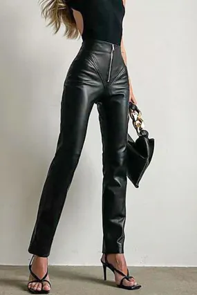 Hip-Lifting Slim Front Zipper Tight PU Leather Pants