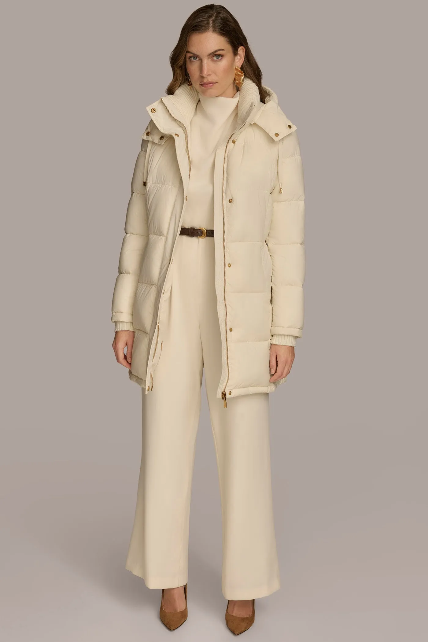 Hooded Ribbed Trim Puffer Jacket