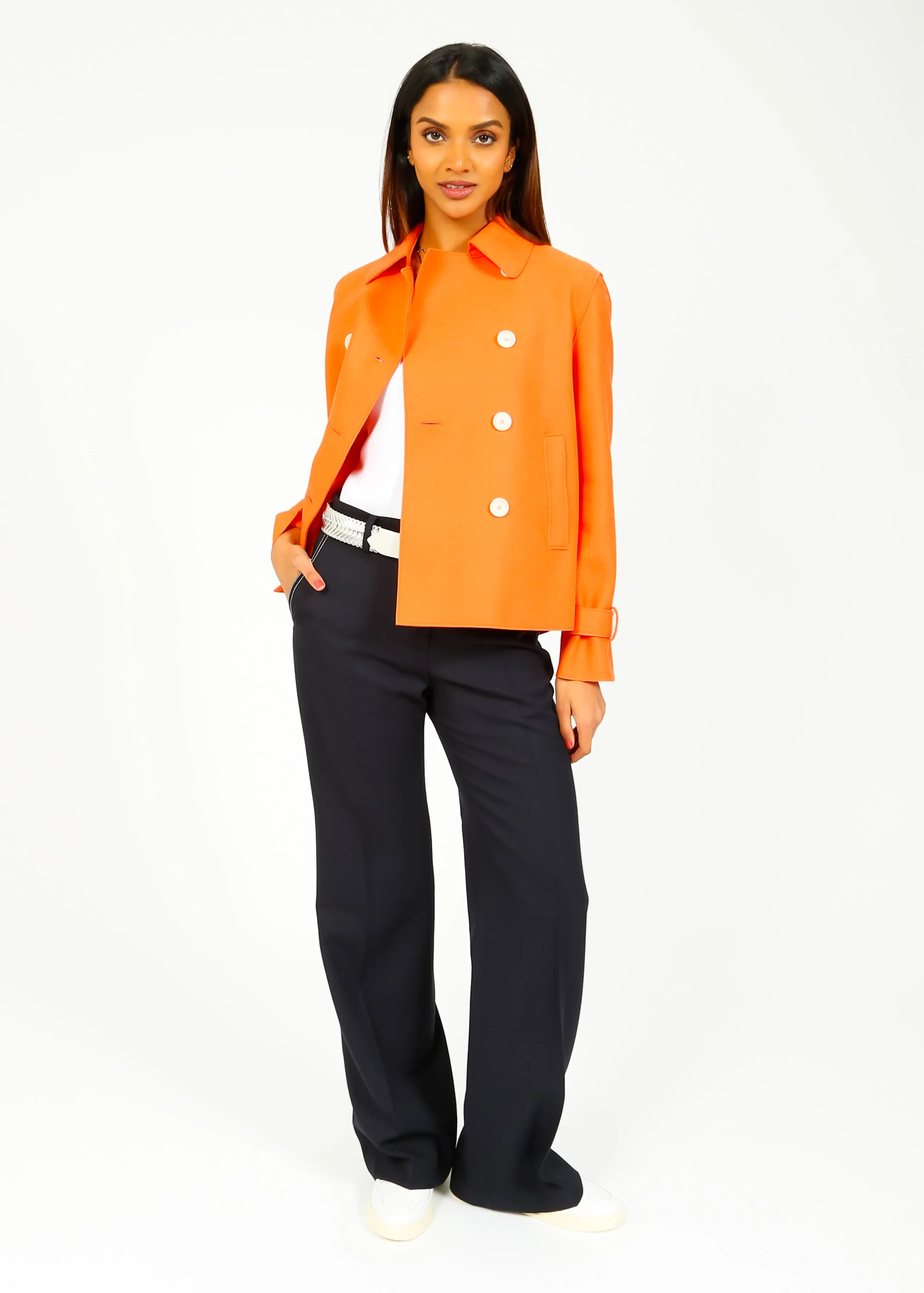 HW Light Pressed Wool Cropped Trench in Bright Coral