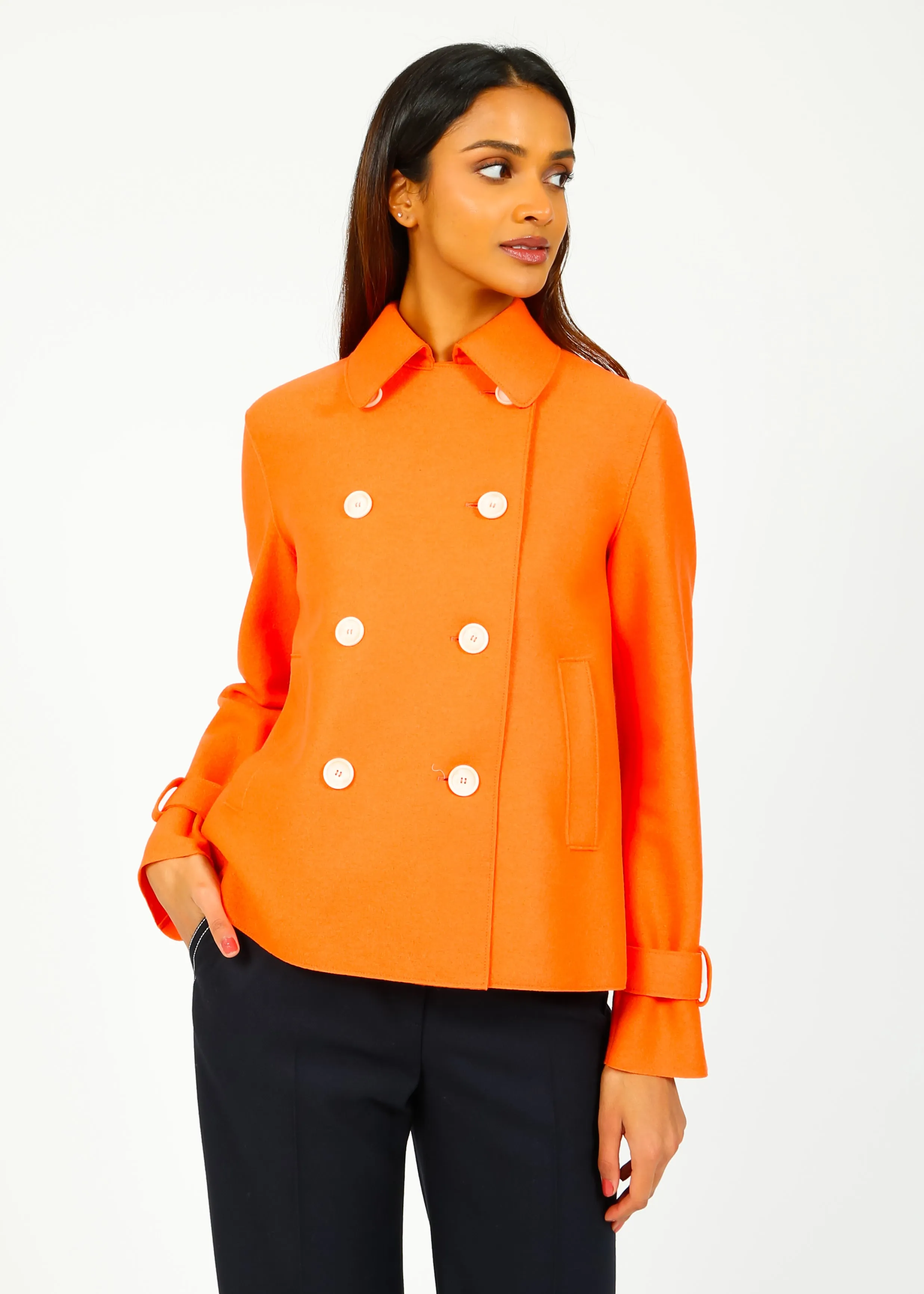 HW Light Pressed Wool Cropped Trench in Bright Coral