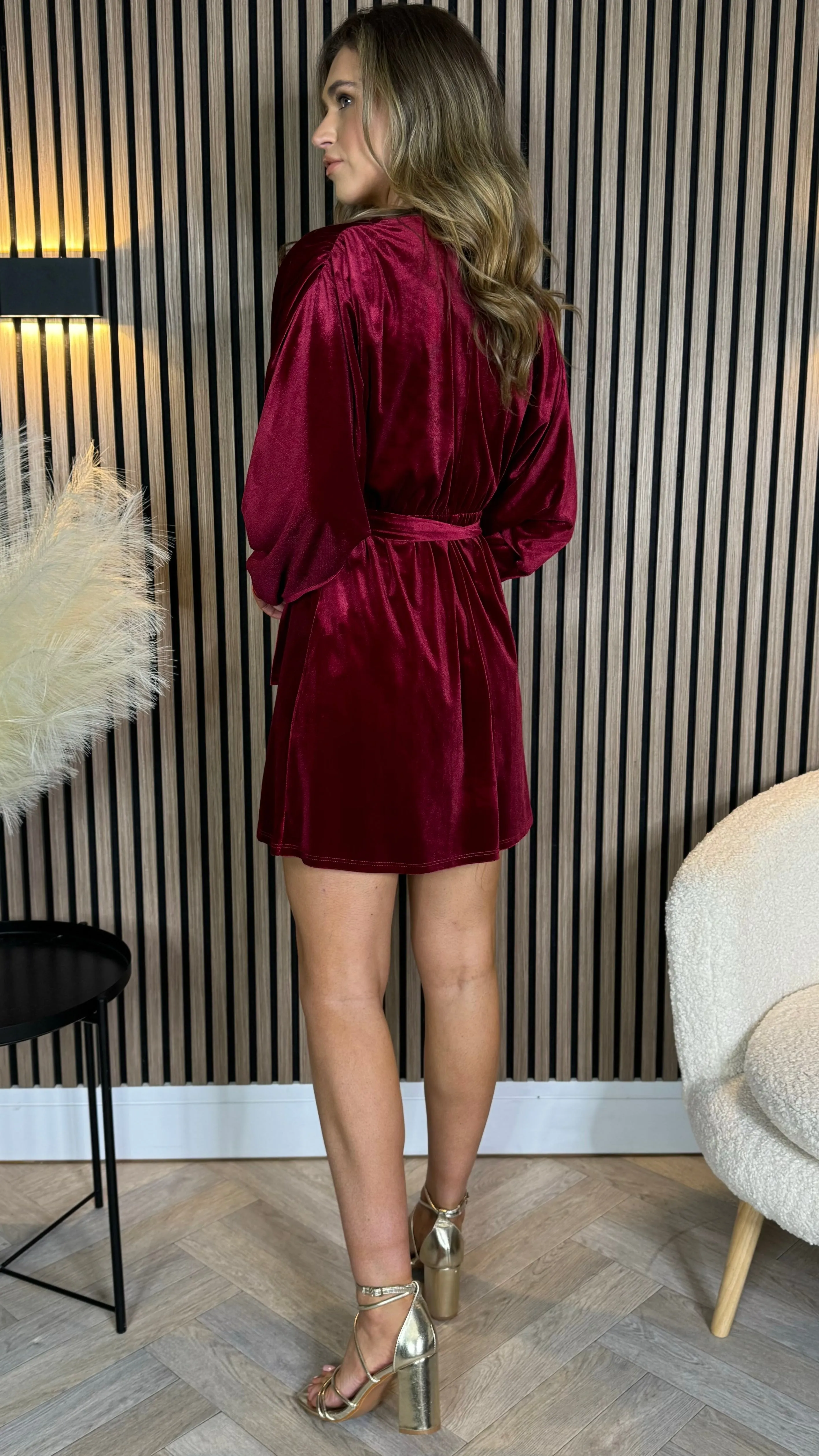 Izzie Burgundy Velvet Wrap Look Mini Dress