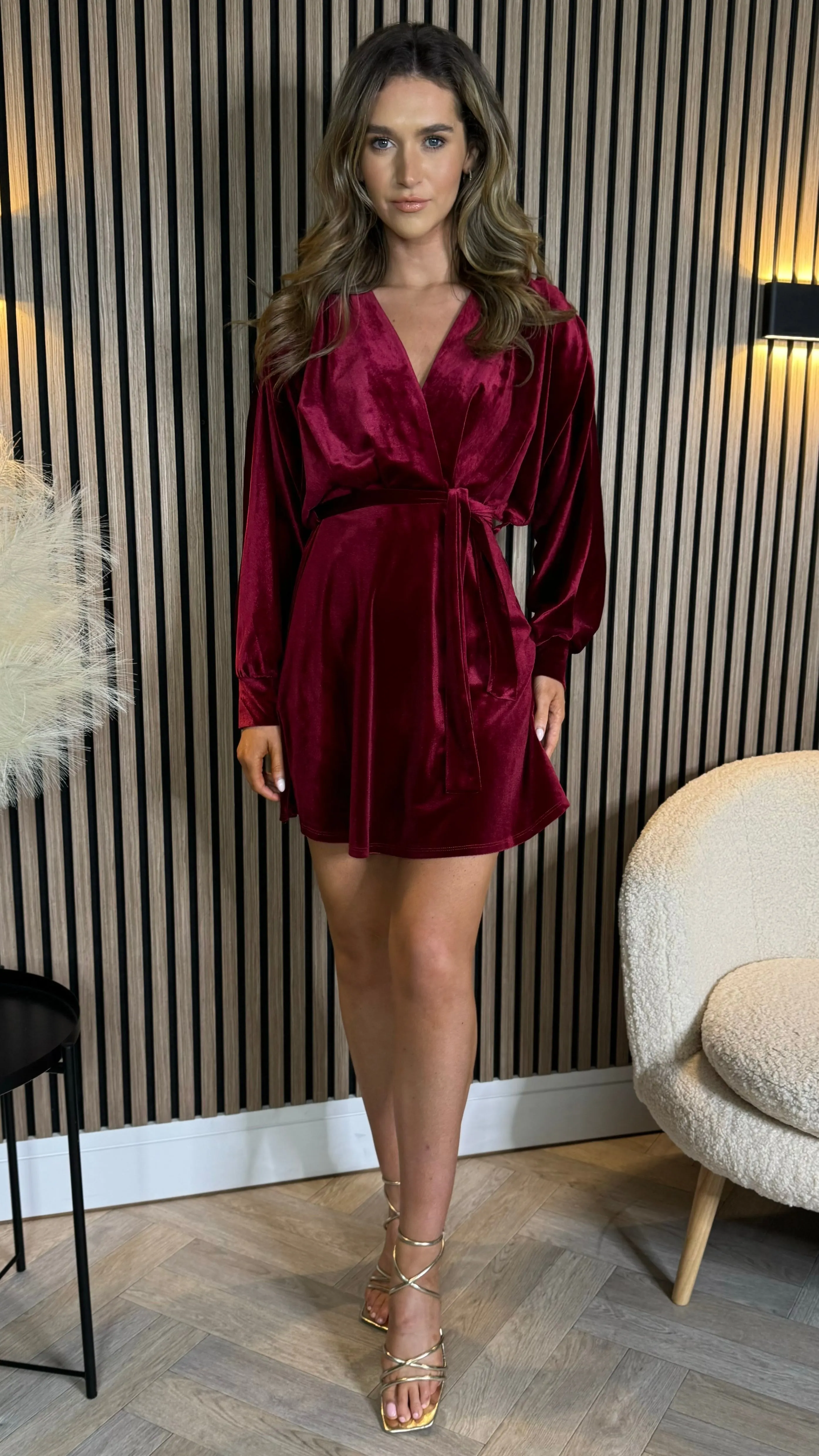 Izzie Burgundy Velvet Wrap Look Mini Dress