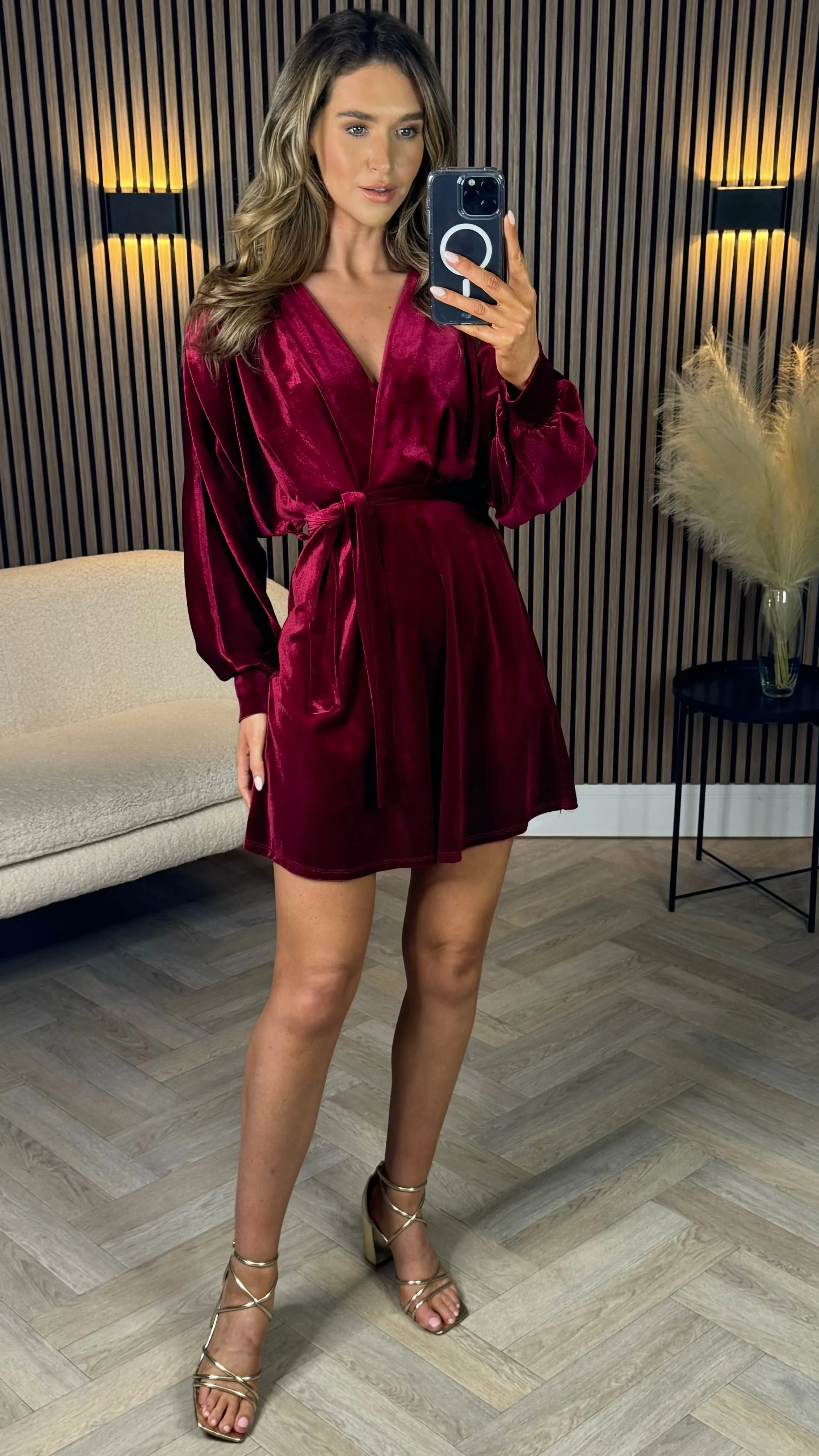 Izzie Burgundy Velvet Wrap Look Mini Dress