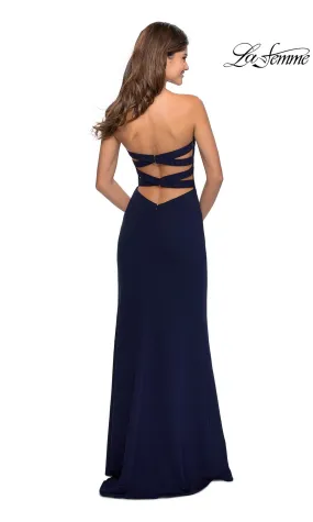 La Femme Strapless Faux-Wrap Long Formal Dress
