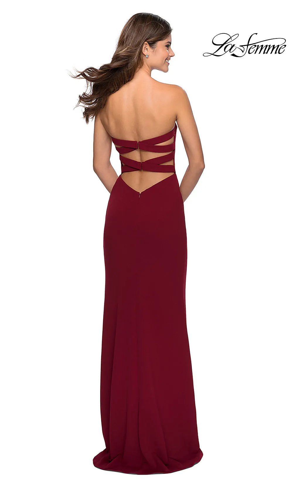 La Femme Strapless Faux-Wrap Long Formal Dress