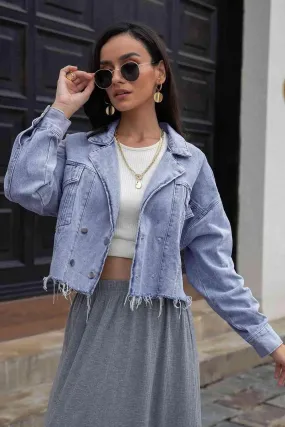 Lapel Collar Raw Hem Cropped Denim Jacket