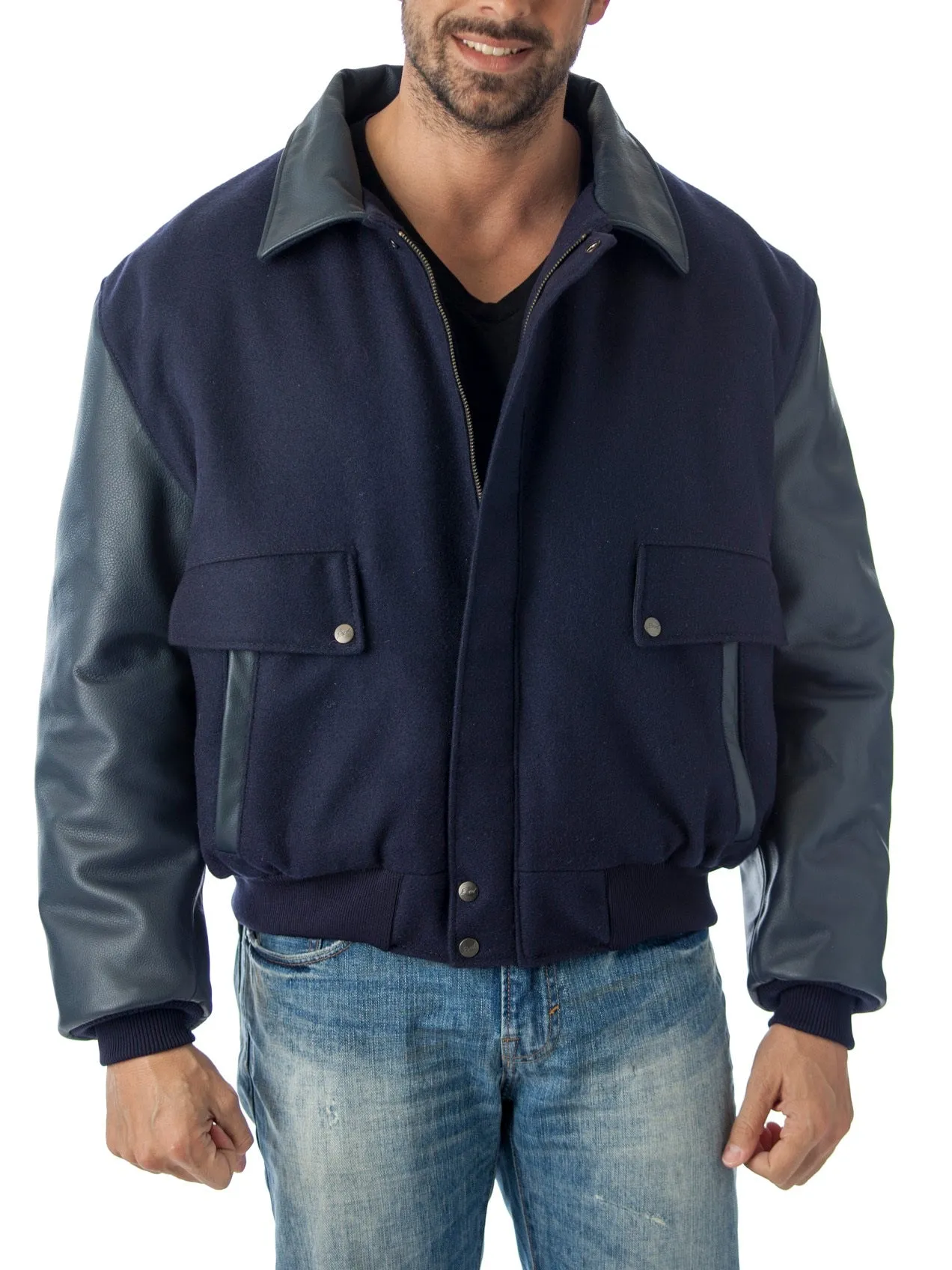 Leather Varsity Bomber Wool Leather Jacket Made in USA From Reed Leather