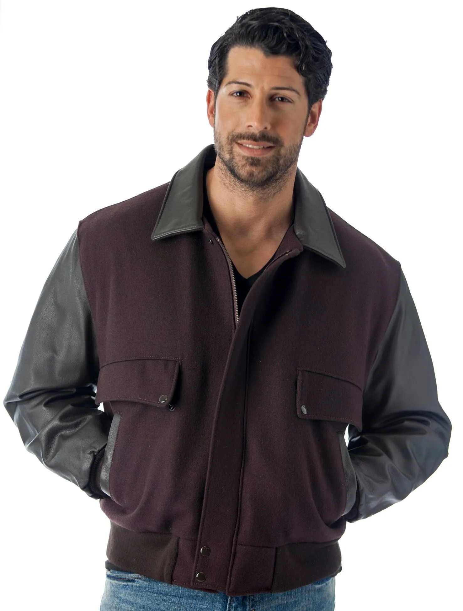 Leather Varsity Bomber Wool Leather Jacket Made in USA From Reed Leather