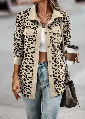 Leopard Print Corduroy Shirt Jacket - Trendy Long Sleeve Women’s Button-Up Coat