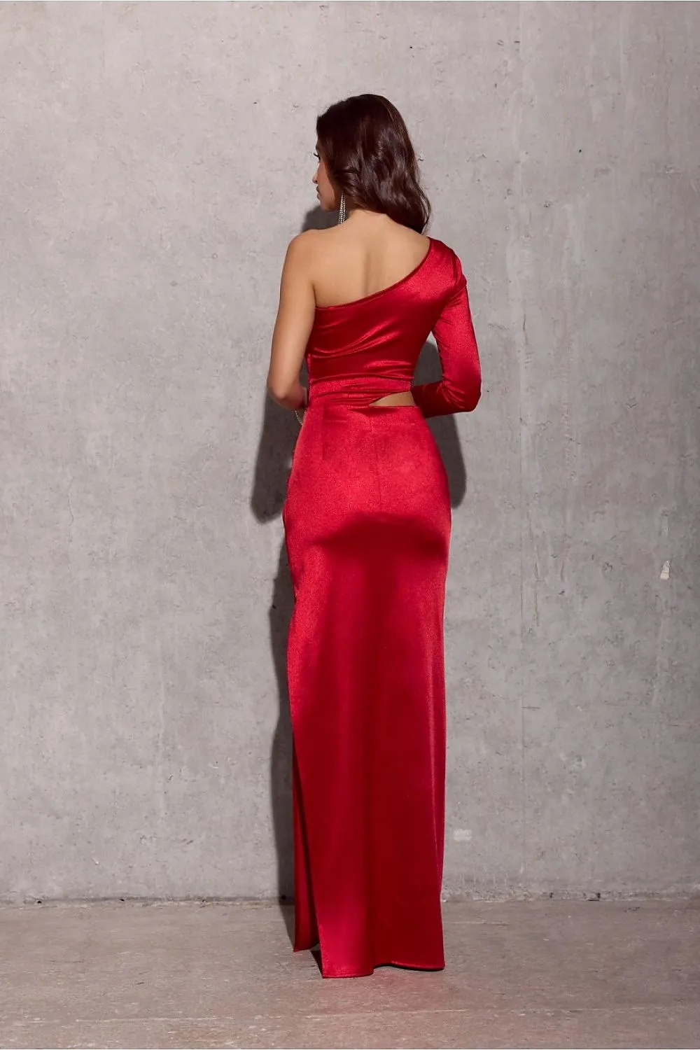 Long delicate satin one long sleeve evening dress