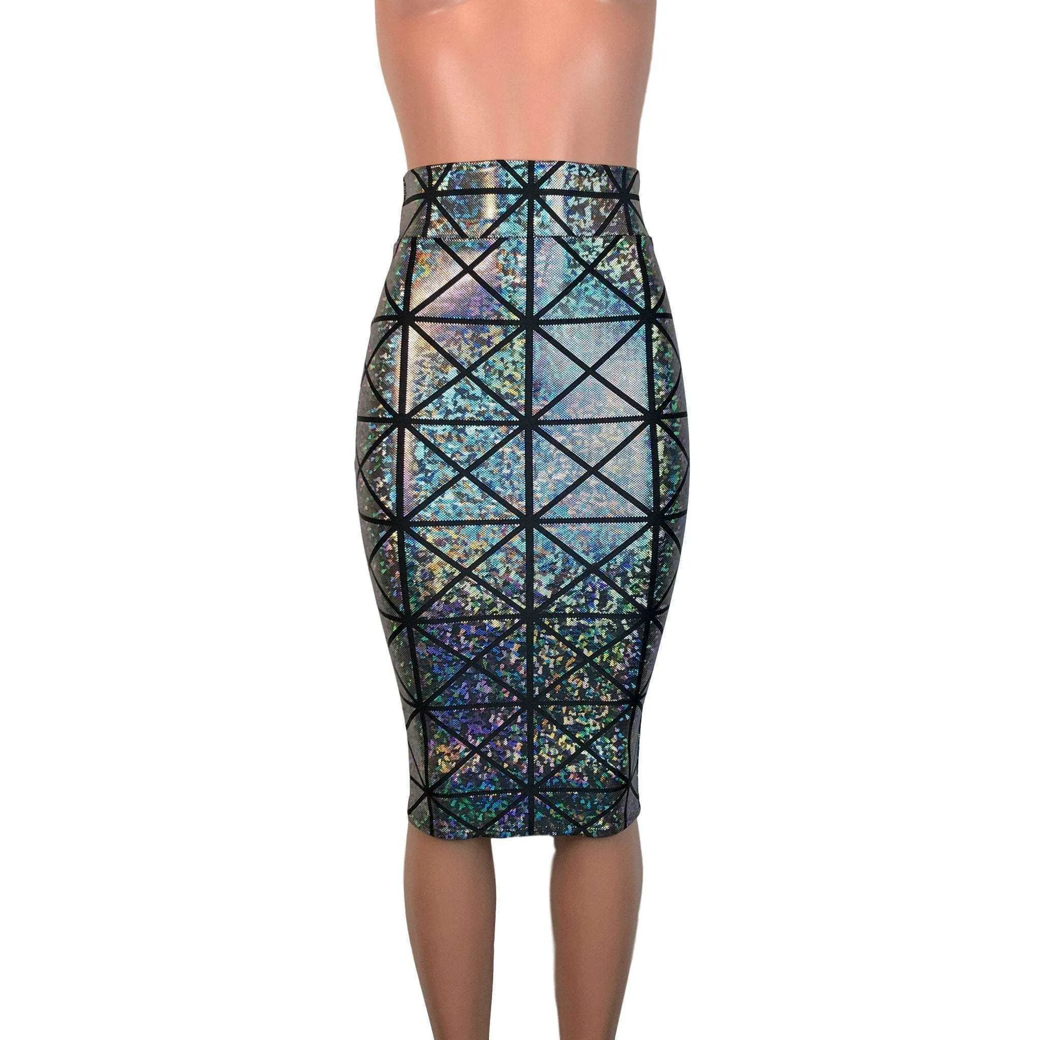 Long Pencil Skirt - Silver Glass Pane Holographic