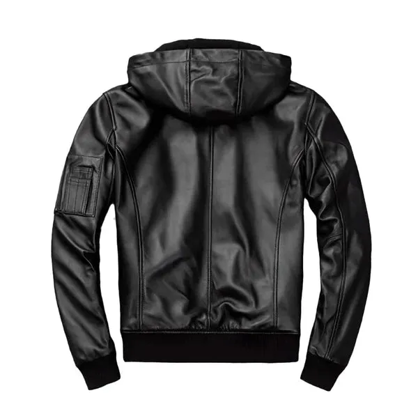 Men's Black Hooded Motorcycle Bomber Jacket
