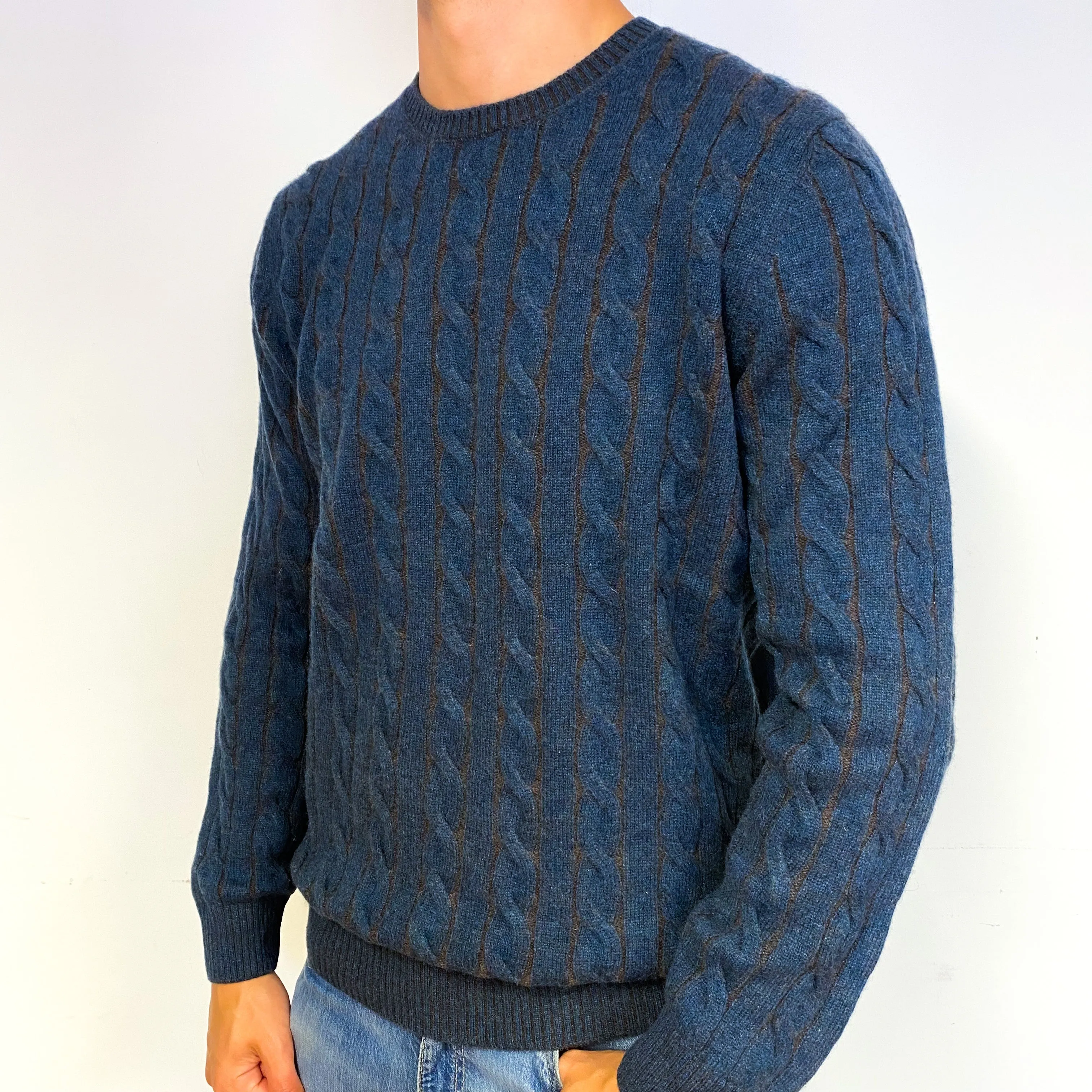 Men's Blue Brown Cable Knit Cashmere Crew Neck Jumper Extra Large