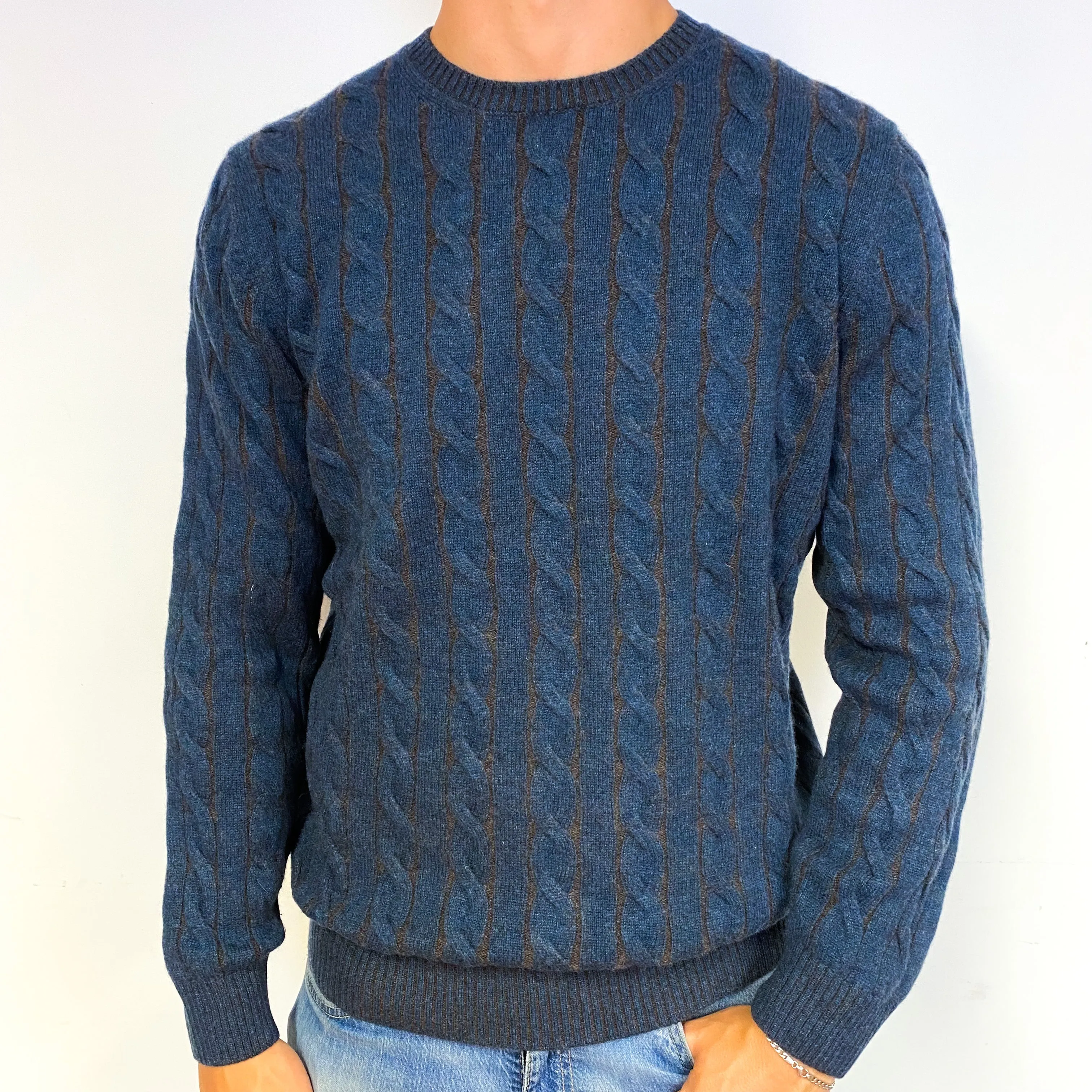 Men's Blue Brown Cable Knit Cashmere Crew Neck Jumper Extra Large
