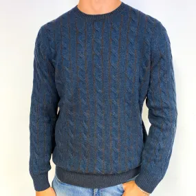 Men's Blue Brown Cable Knit Cashmere Crew Neck Jumper Extra Large