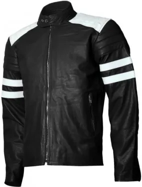 Mens Cafe Racer Motorcycle Biker Black & White Leather Jacket
