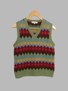 Nicole Farhi 1990s green red multicolour diamond pattern knitted wool vest