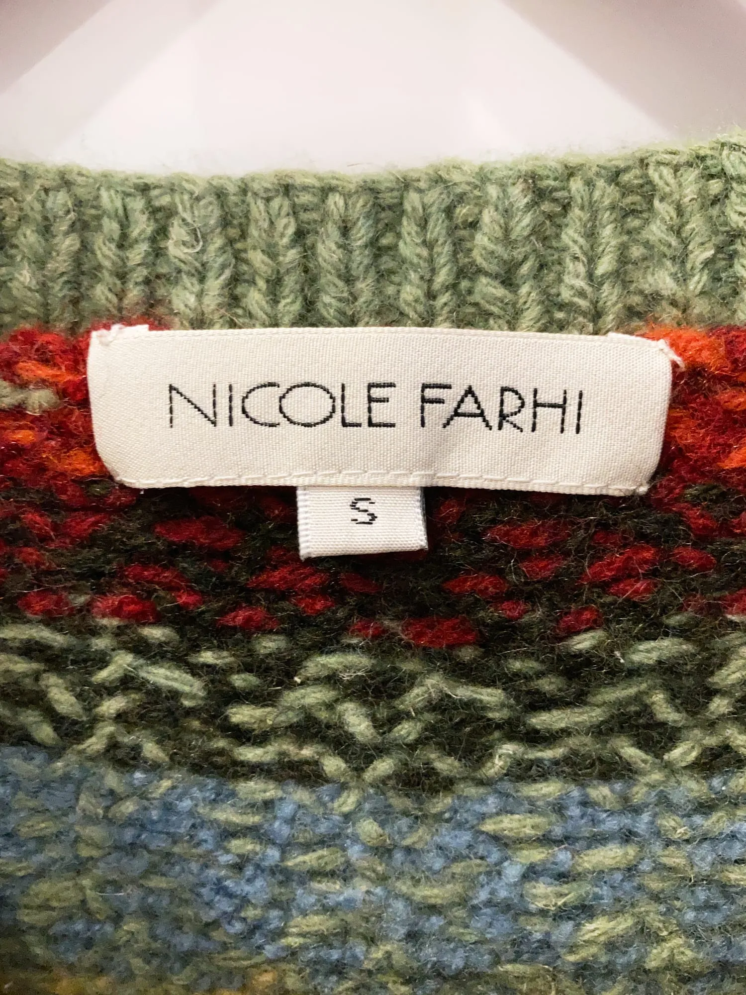 Nicole Farhi 1990s green red multicolour diamond pattern knitted wool vest