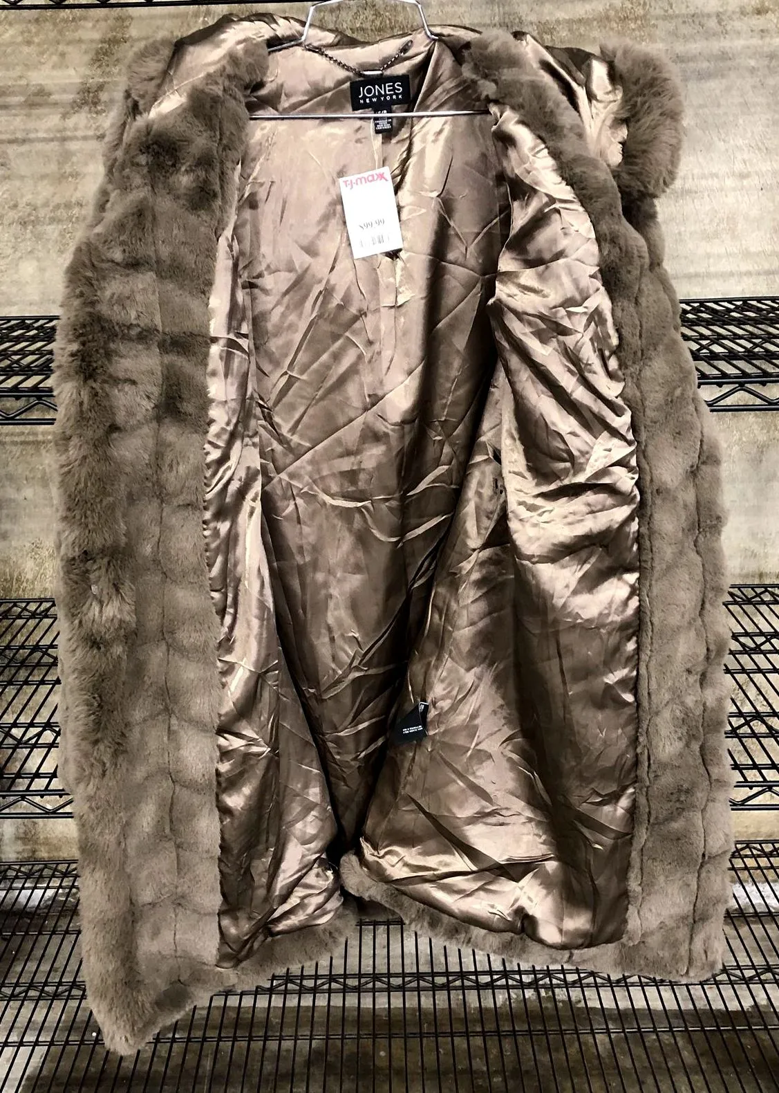 NWT Jones New York Women's Designer Long Taupe Quilted Faux Fur Coat - Size S