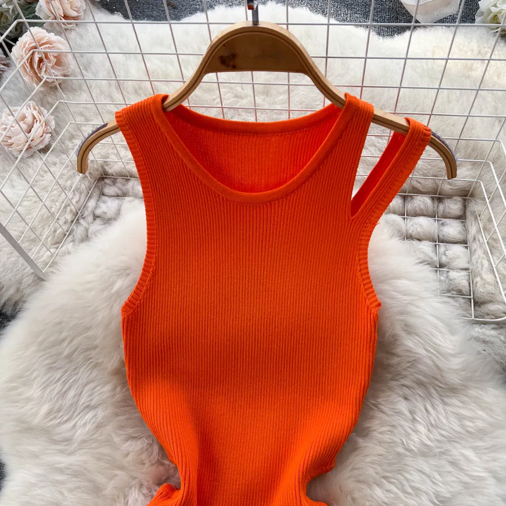 Open-back Hollowed Knitted Vest Dress