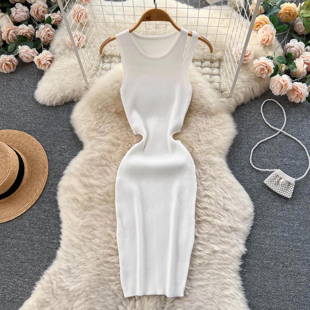 Open-back Hollowed Knitted Vest Dress