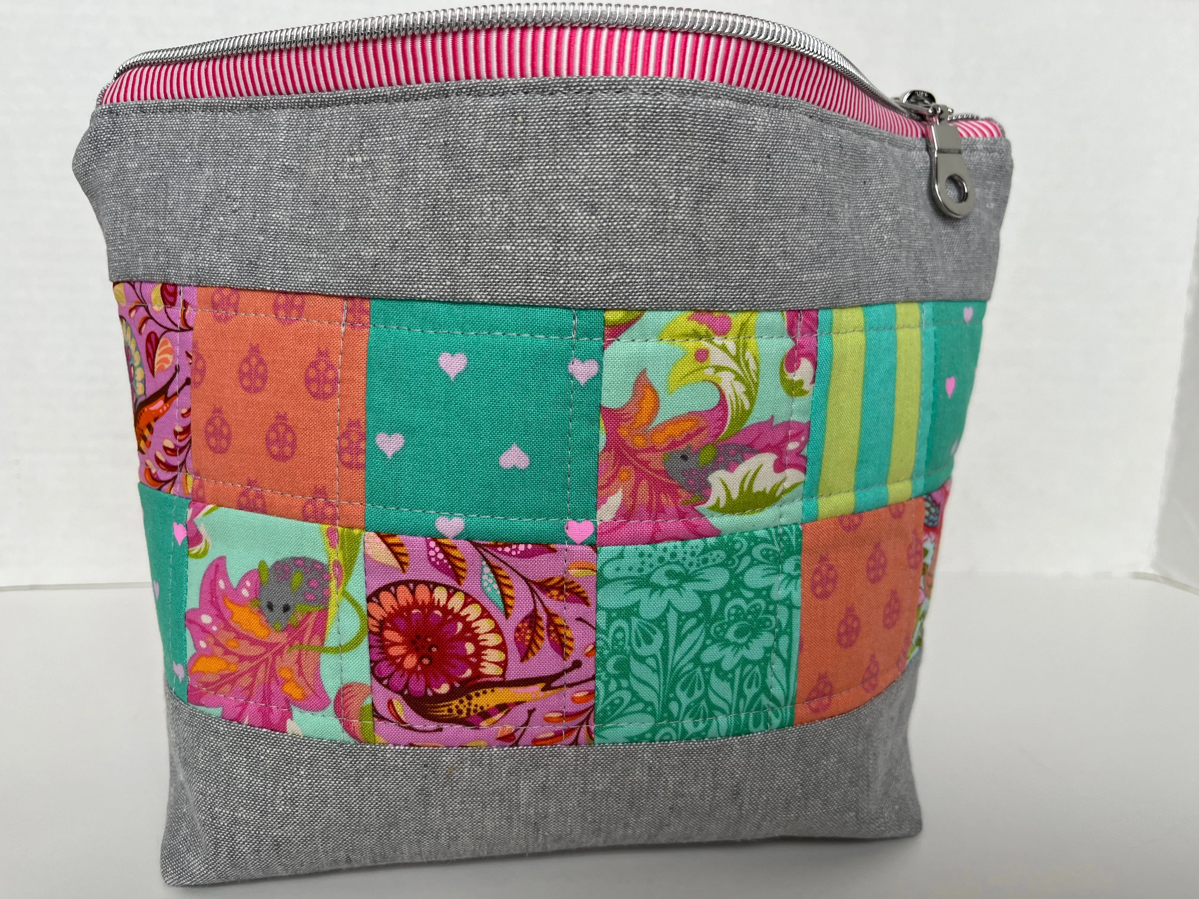 Patchwork and Linen Zipper Pouch , Valentine Bag