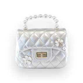 Pearl Handle Quilted Leather Purse w/ Charms - Silver