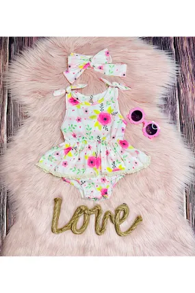 Pink floral & stripes w/lace baby romper & matching headband DLH2407
