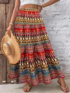 Print High Waist Skirt, Boho Ruffle Hem Beach Maxi Skirt,