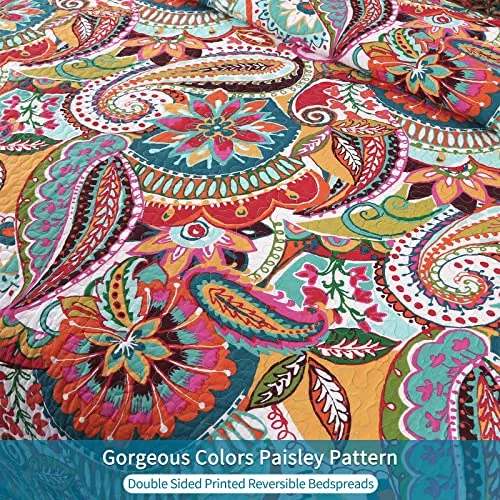 Qucover Queen Quilt Set 3-Piece Reversible Paisley Blossom Pattern Bedspreads Bedding Set, Soft Cotton Summer Quilt with Pillow Shame for All Seasons, 90x98 Inch
