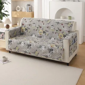 Quilted Printed Polyester Sofa Cover Mat for 1/2/3 Seater Sofa with Side Pockets, Pet Friendly, Floral Ash Grey