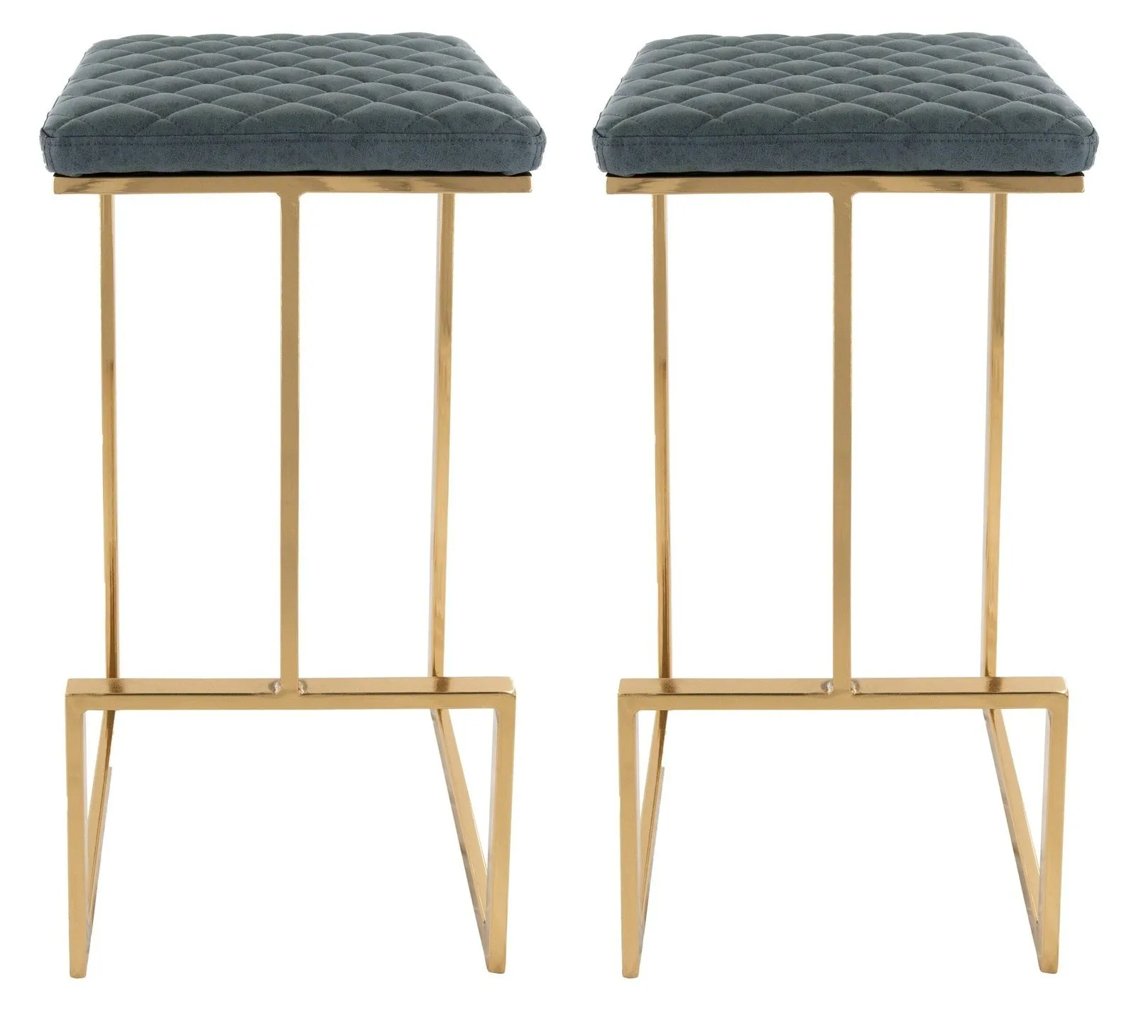 Quincy Quilted Stitched Leather Bar Stools With Gold Metal Frame Set of 2