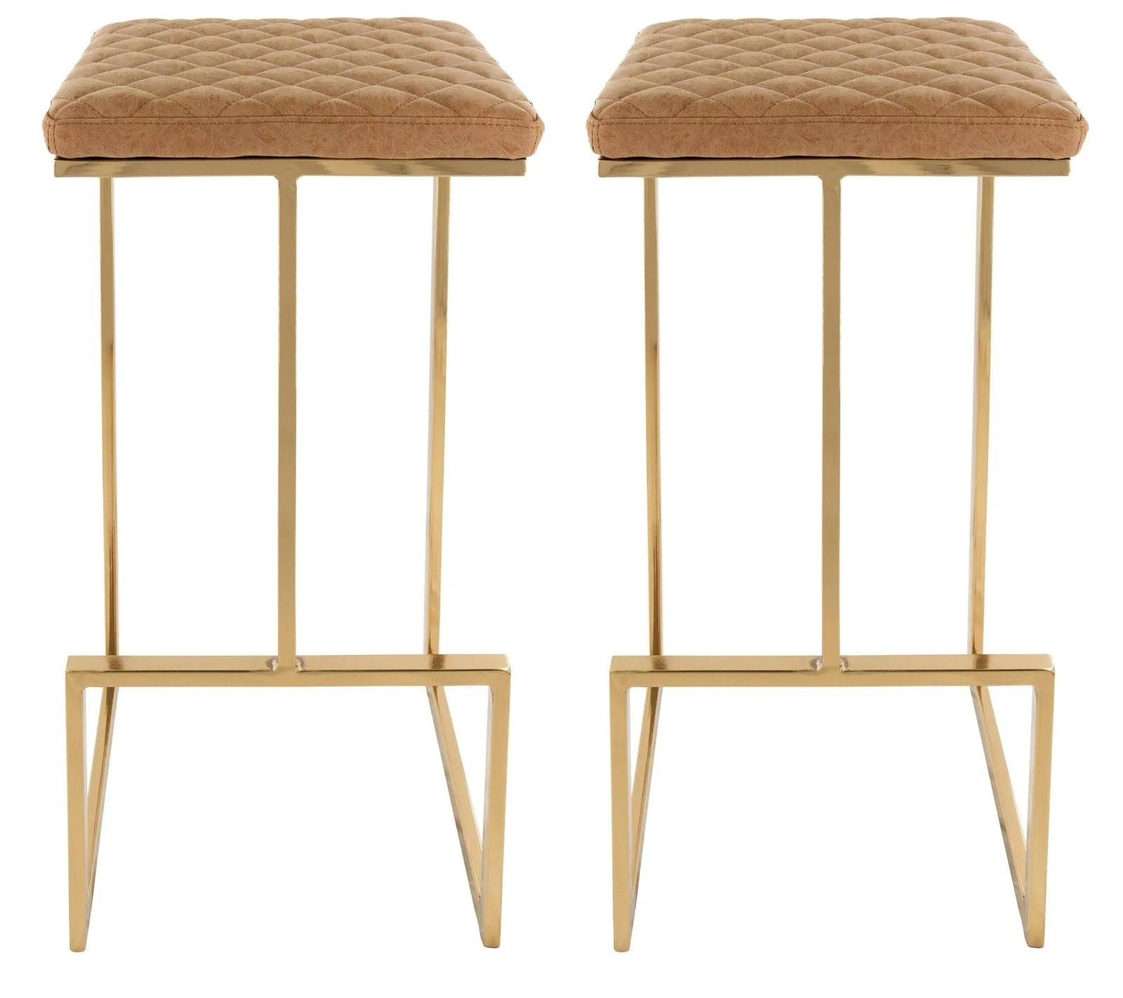 Quincy Quilted Stitched Leather Bar Stools With Gold Metal Frame Set of 2