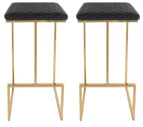 Quincy Quilted Stitched Leather Bar Stools With Gold Metal Frame Set of 2