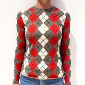 Red, Grey and Cream Argyle Cashmere Crew Neck Jumper Small