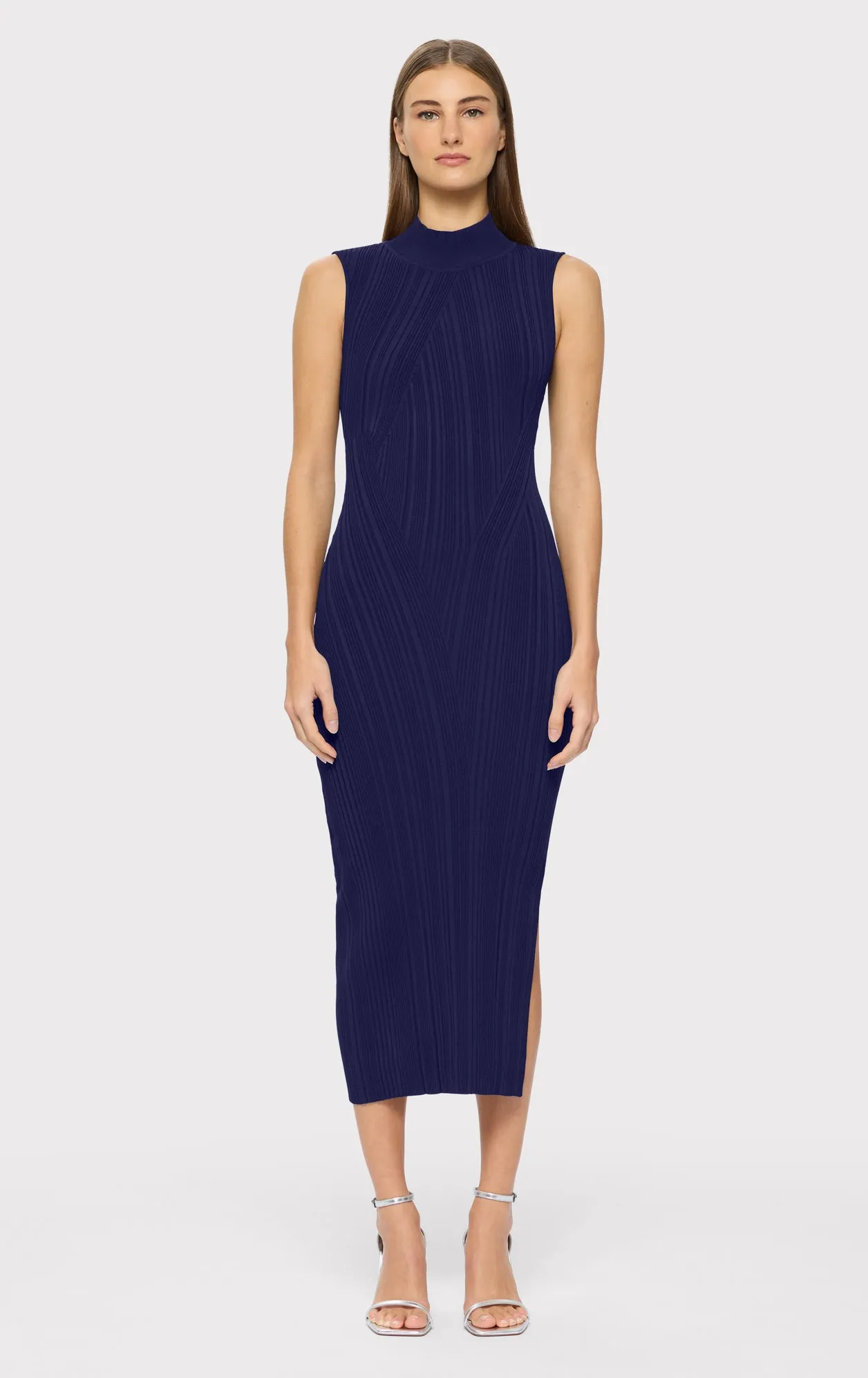 RIB KNIT SLEEVELESS TURTLENECK DRESS