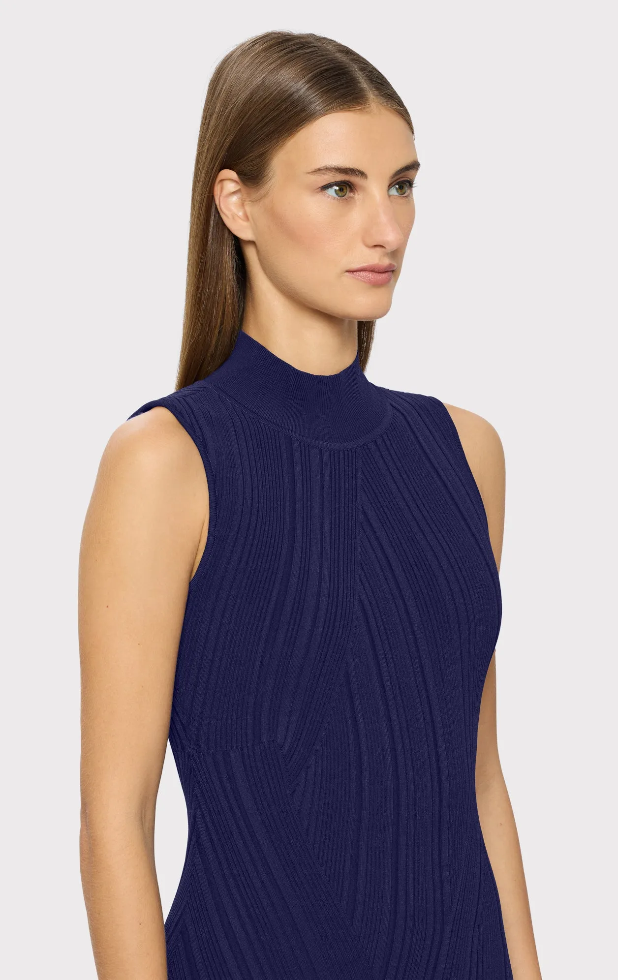 RIB KNIT SLEEVELESS TURTLENECK DRESS